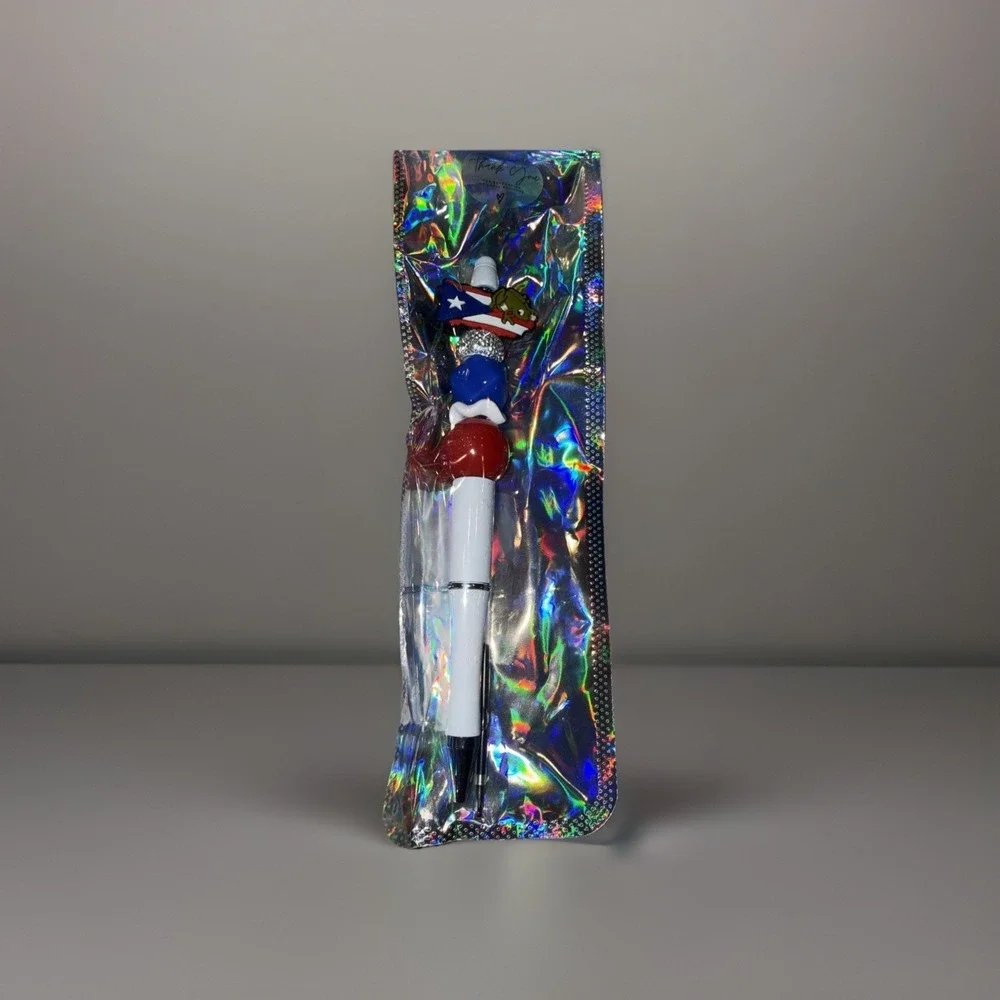 Puerto Rico Custom Handmade Beaded Pen PR Map Flag Coqui Blue Ink Retractable